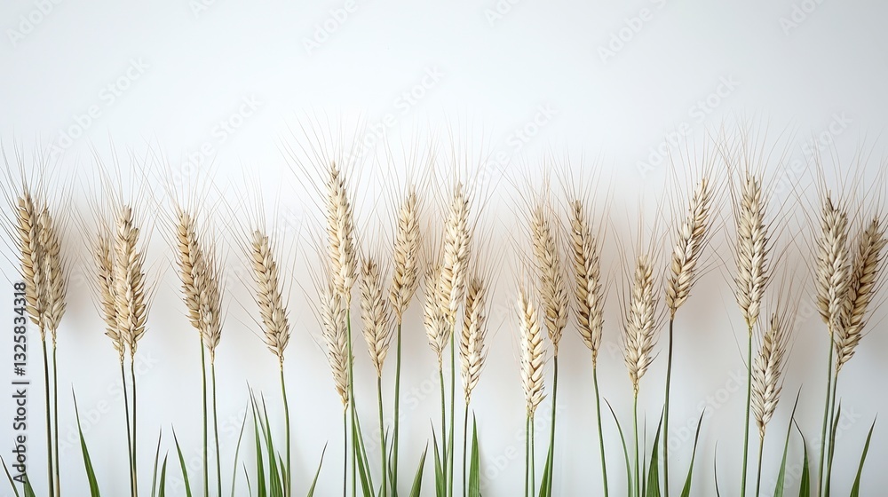Fototapeta premium Golden Wheat Stalks Displayed Against a Minimalist Background, Capturing the Essence of Nature and Agriculture Aesthetics