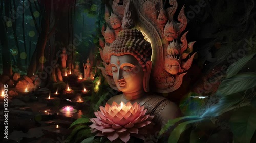 Buddha under the bodhi tree. Fairytale atmosphere, forest stream, night, lanterns, lights, butterflies. Relaxing animation, footage for sleep.
