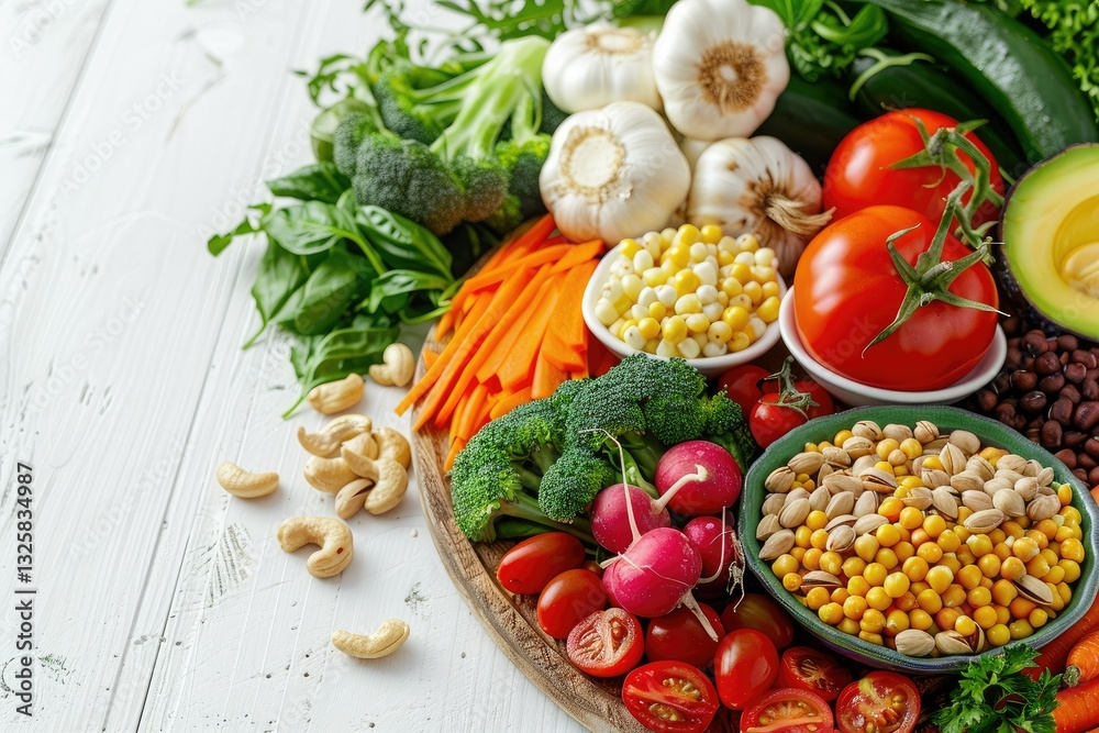 Vegetarian buddha bowl on wooden white background Raw vegetables and nuts Vegetarian buddha bowl on wooden white background Raw vegetables and nuts