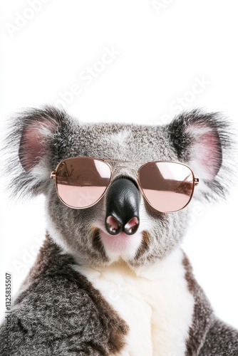 Koala wearing stylish sunglasses posing for a photo against a white background, animal portrait, cute wildlife, Australian fauna, fun and playful.