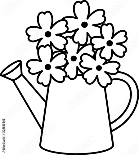 Cute outdoor garden watering can with flowers linear icon.  
Flowers in watering can outline Vector.
Transparent background.