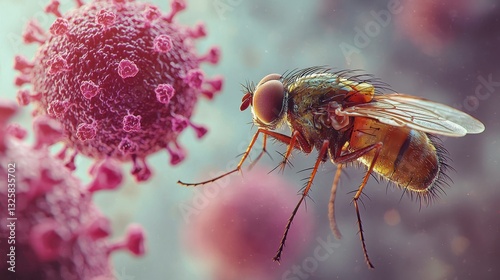 Close-Up View of Fruit Fly Hovering Near Colorful Virus Particles in a Microbial Environment