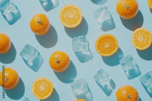 Fresh Oranges and Ice Cubes on Light Blue Background photo
