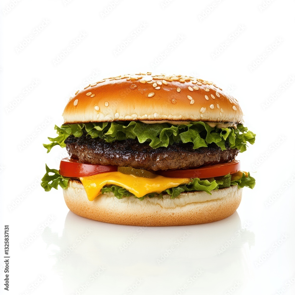 Juicy hamburger with sesame seed bun, fresh lettuce, tomato, cheese, and grilled beef patty, delicious fast food meal, perfect for cravings and enjoyment. Juicy hamburger with sesame seed bun, fresh lettuce, tomato, cheese, and grilled beef patty, delicious fast food meal, perfect for cravings and enjoyment.