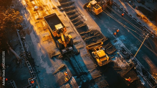 Obraz na płótnie Aerial View Of Road Construction Workers And Machinery w salonie