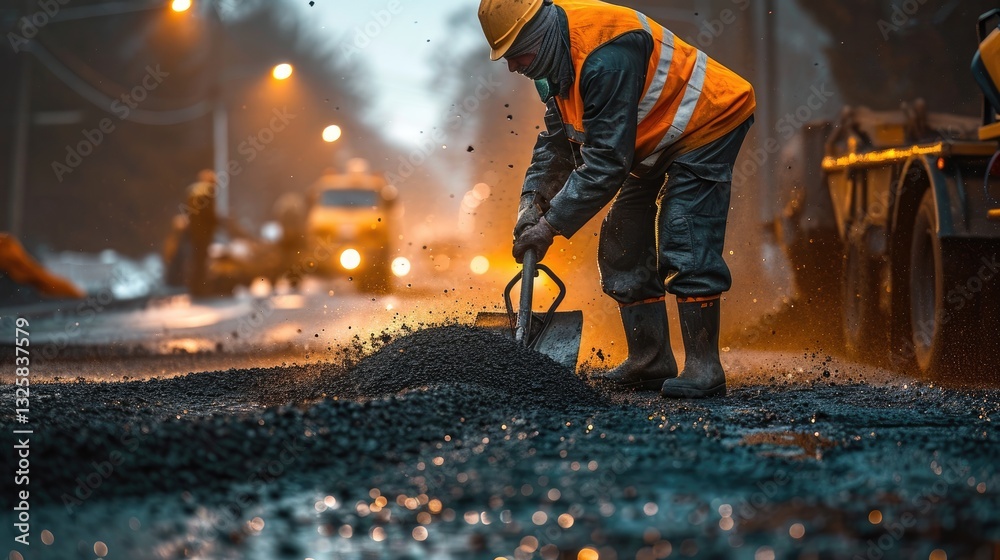 Construction worker shovels hot asphalt at night during a road repair project.