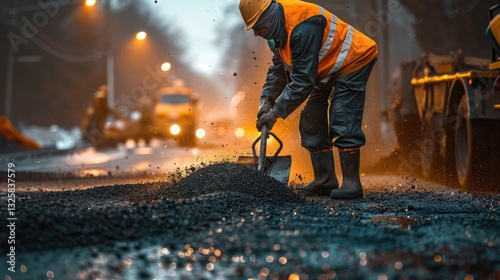 Obraz na płótnie Construction worker shovels hot asphalt at night during a road repair project. w salonie