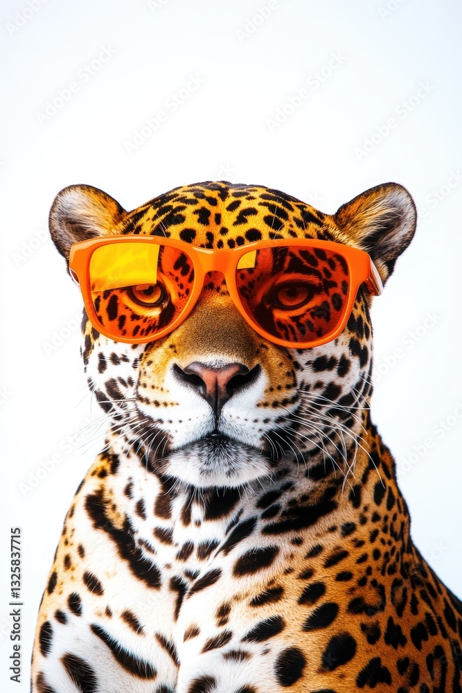 Obraz premium Jaguar wearing orange sunglasses posing confidently against a white background, exotic animal portrait, creative photo concept, fun wildlife photography.