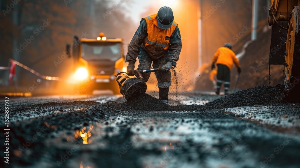 Construction worker in a safety vest carefully places hot asphalt during road resurfacing.