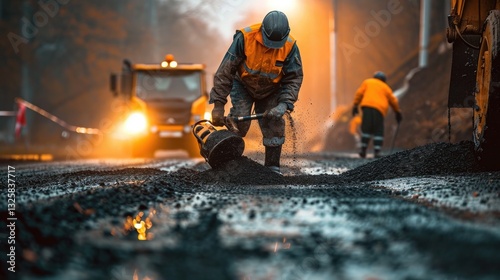 Obraz na płótnie Construction worker in a safety vest carefully places hot asphalt during road resurfacing. w salonie