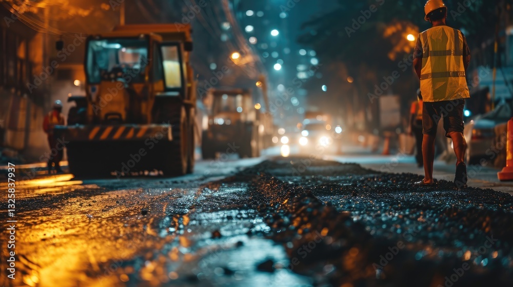 Nighttime Road Construction Worker and Machinery