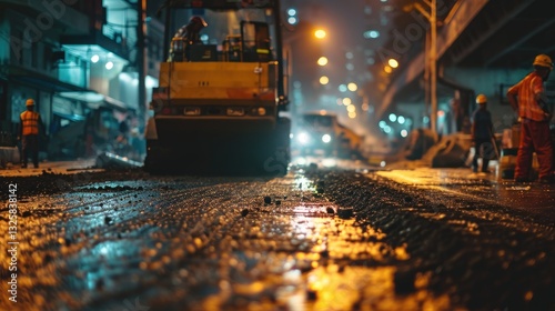 Road construction crew at night using a paving machine on a city street under streetlights.