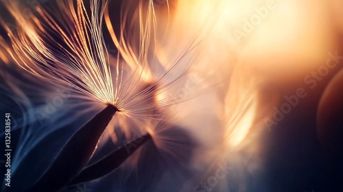 Delicate strands of dandelion fluff illuminated by warm light