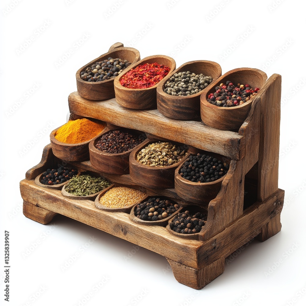 Fototapeta premium Elegant medium-sized wooden spice rack, crafted from neatly stacked wooden planks. Its natural wood texture adds warmth to any kitchen, providing both function and charm for organizing spices beautifu