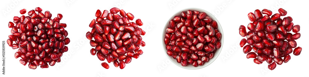 Closeup of various ripe juicy pomegranate seeds spilling out of bowls revealing their bright red color and delicious sweet pulp These nutritious antioxidant rich pomegranate seeds make a healthy Closeup of various ripe juicy pomegranate seeds spilling out of bowls revealing their bright red color and delicious sweet pulp These nutritious antioxidant rich pomegranate seeds make a healthy