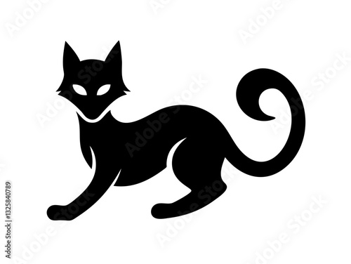 Sleek black silhouette of a cat in a dynamic pose. A bold, minimalist silhouette of a cat in a side view, walking pose, against a pure white background. 