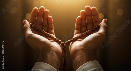 Hands in Prayer with Wooden Tasbih Beads, Spiritual Devotion and Faith