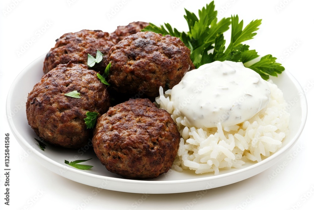 Savory Meatballs Served with Rice and Creamy Sauce Garnished with Fresh Parsley Savory Meatballs Served with Rice and Creamy Sauce Garnished with Fresh Parsley