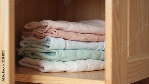 A collection of delicate pastel clothing stacked tidily on a wooden storage shelf.