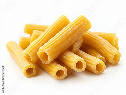 Pile of dry rigatoni pasta, ready to cook on a white background, classic Italian cuisine staple.