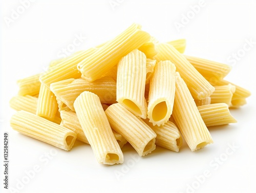 Pile of uncooked rigatoni pasta on a bright white background, ready to be cooked photo