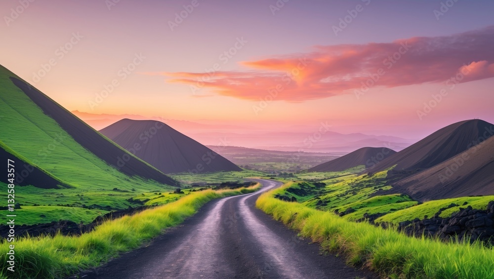 Obraz premium A Winding Dirt Road Through Lush Green Volcanic Hills at Sunset.