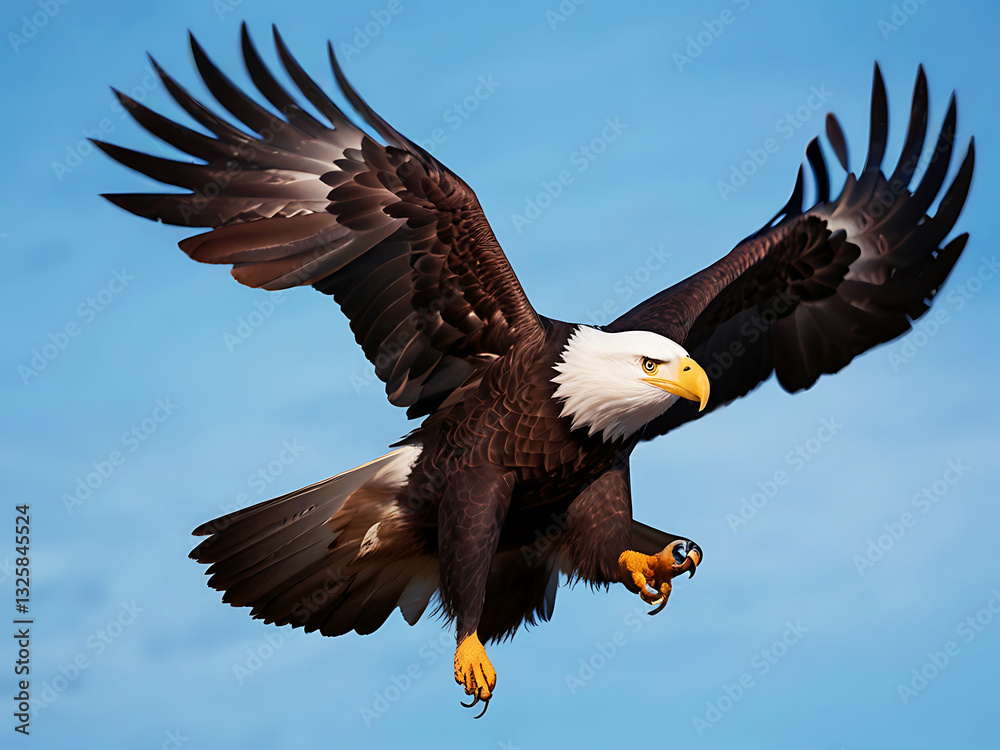 Fototapeta premium Majestic Bald Eagle in Flight with Wings Spread Wide Against a Clear Sky