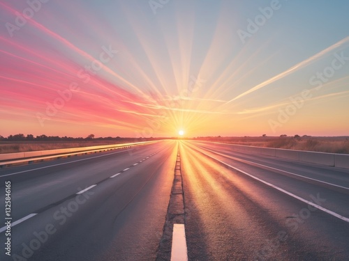 sunset empty road highway sunlight background with beautiful sky and sun beams. photo