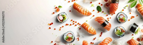 A colorful assortment of sushi and sashimi displayed elegantly on a white background, showcasing fresh ingredients and artistic presentation.