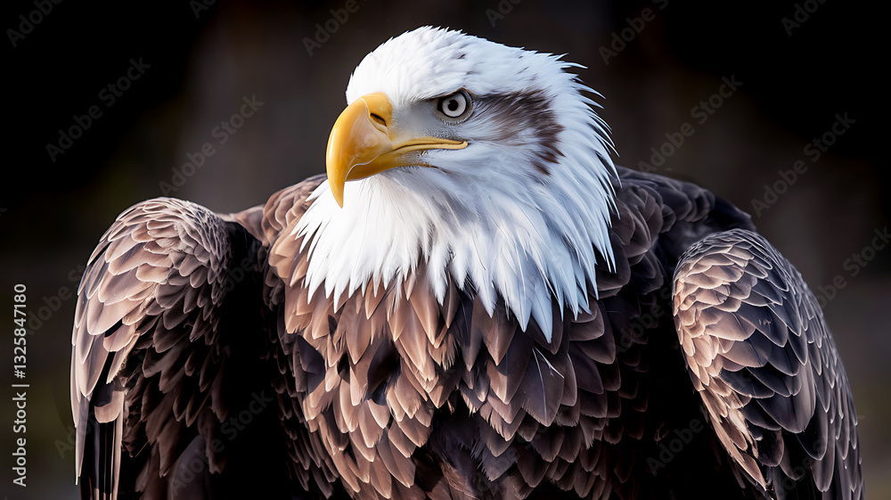 Fototapeta premium Majestic Bald Eagle Close-Up Portrait with Piercing Eyes and Dramatic Lighting