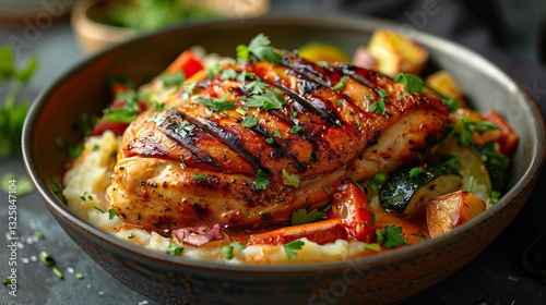 A beautifully plated grilled chicken breast served with colorful vegetables and creamy mashed potatoes, garnished with fresh herbs.