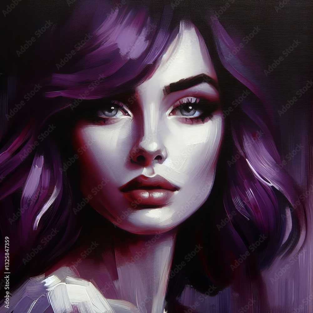 Fototapeta premium A portrait of a woman with plum purple hair set against a dark p