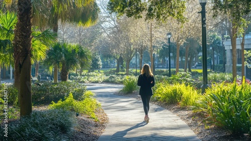A woman is walking on a path through a sunny park