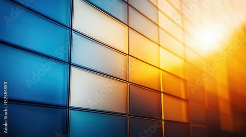 Modern building facade reflecting sunset hues