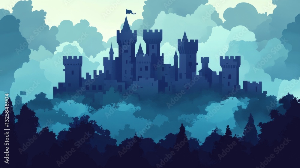 Fototapeta premium Blue Silhouette Castle in Misty Mountains