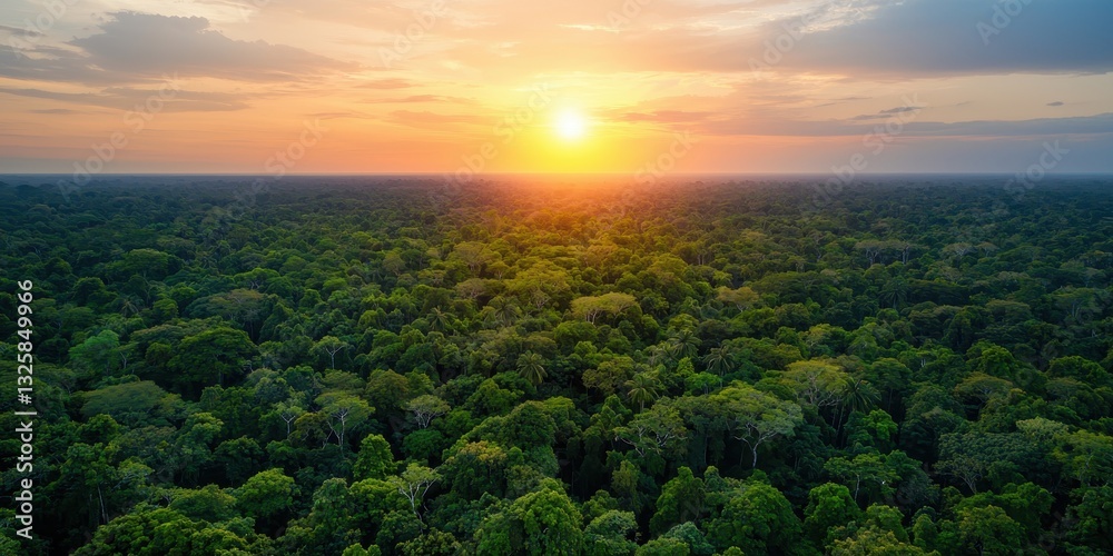 Fototapeta premium A breathtaking view of a sunset over a lush green forest, capturing the beauty of nature in vibrant colors.