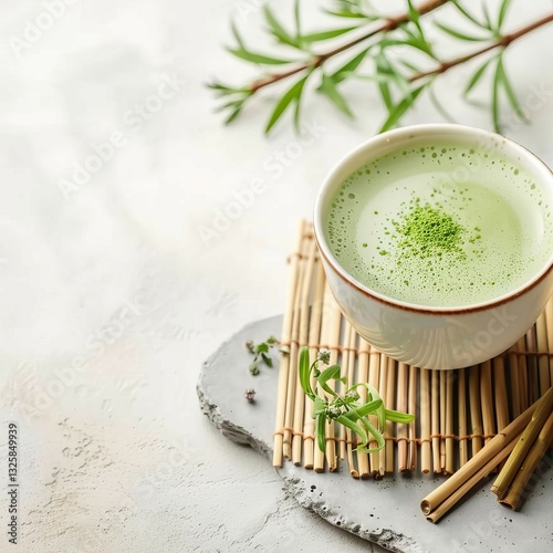 A serene cup of matcha tea sits on a bamboo mat, surrounded by green leaves, showcasing a calming and refreshing beverage.