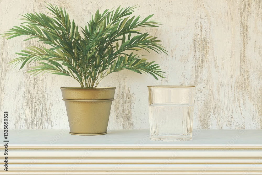 Fototapeta premium A desk setup featuring a geometric organization system, a glass of water, and a plant, emphasizing clarity and focus.