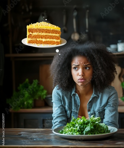 Woman eating salad but wanting cake