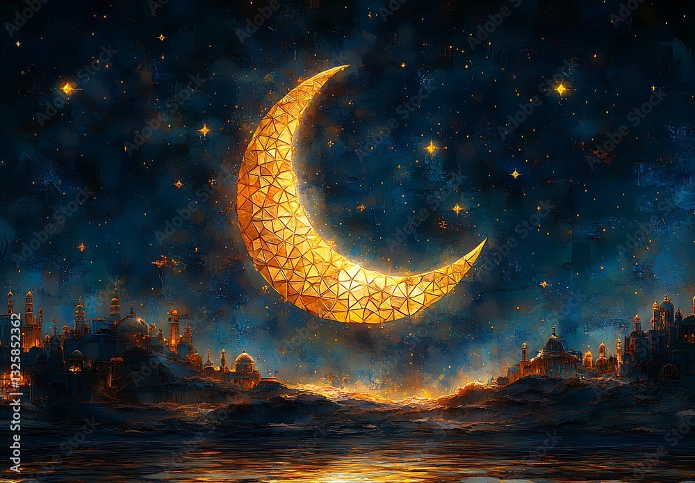 Fototapeta premium Glowing Golden Crescent Moon Over a Starry Night and Serene Landscape