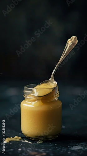 A glass jar filled with golden honey, topped with a spoon, set against a dark backdrop, creating a warm and inviting atmosphere.