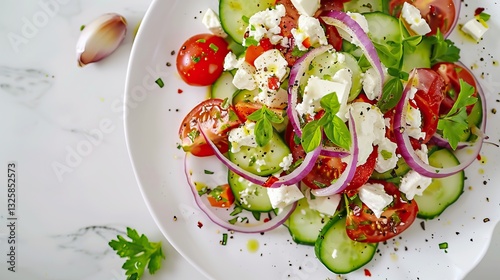 A vibrant salad featuring fresh cucumbers, cherry tomatoes, red onions, and herbs, drizzled with olive oil and sprinkled with feta cheese.