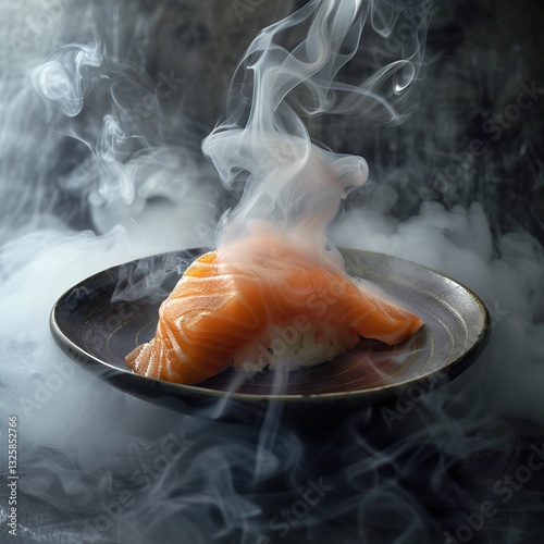 A piece of salmon on a plate, surrounded by swirling smoke, creating a dramatic and artistic culinary presentation.