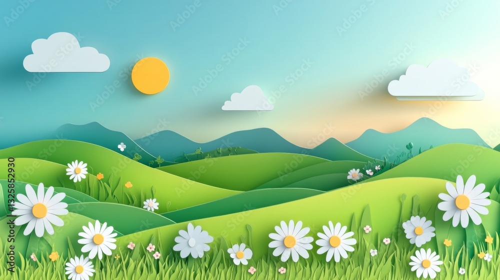 Fototapeta premium Paper Art Landscape with Daisies and Rolling Hills