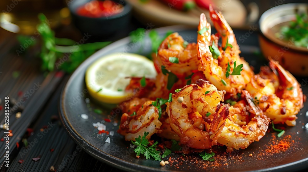 Fototapeta premium Juicy shrimp garnished with herbs and lemon on a dark plate, creating a vibrant and appetizing seafood dish.