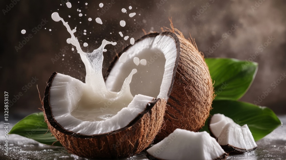 Coconut Splash with Tropical Leaves Coconut Splash with Tropical Leaves