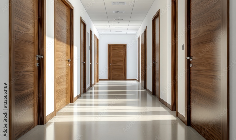Obraz premium Long hallway with wood doors and bright sunlight.
