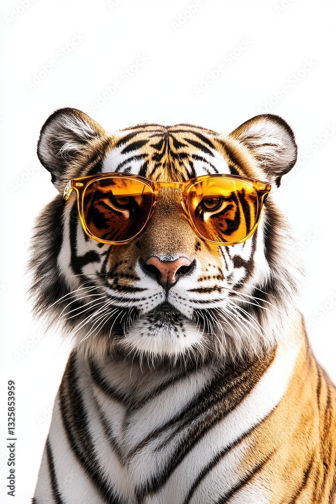 Obraz premium Tiger wearing stylish sunglasses posing confidently. Unique animal portrait showcasing playful attitude and vibrant colors in humorous wildlife photography.