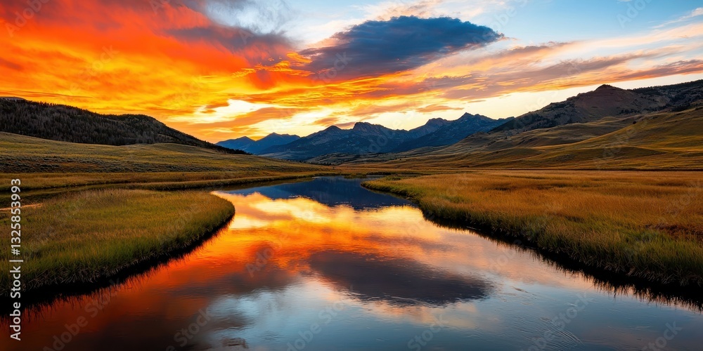 Fototapeta premium A stunning sunset reflects on a tranquil river, surrounded by mountains and golden fields, creating a picturesque landscape.