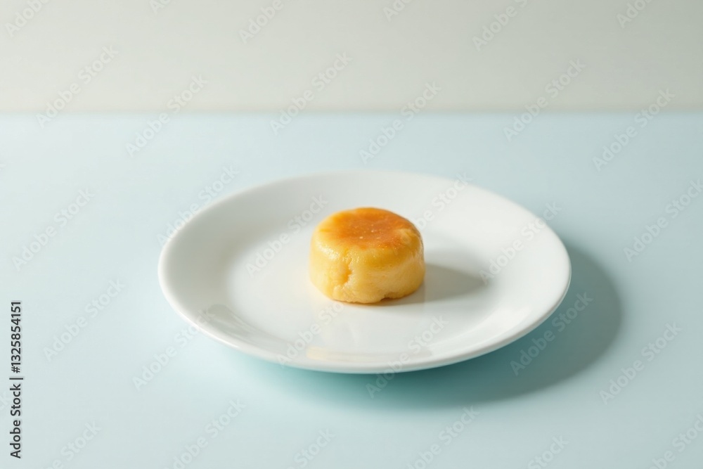 A solitary, golden-brown baked treat rests on a pristine white plate, a simple yet elegant presentation against a pale blue backdrop. A solitary, golden-brown baked treat rests on a pristine white plate, a simple yet elegant presentation against a pale blue backdrop.